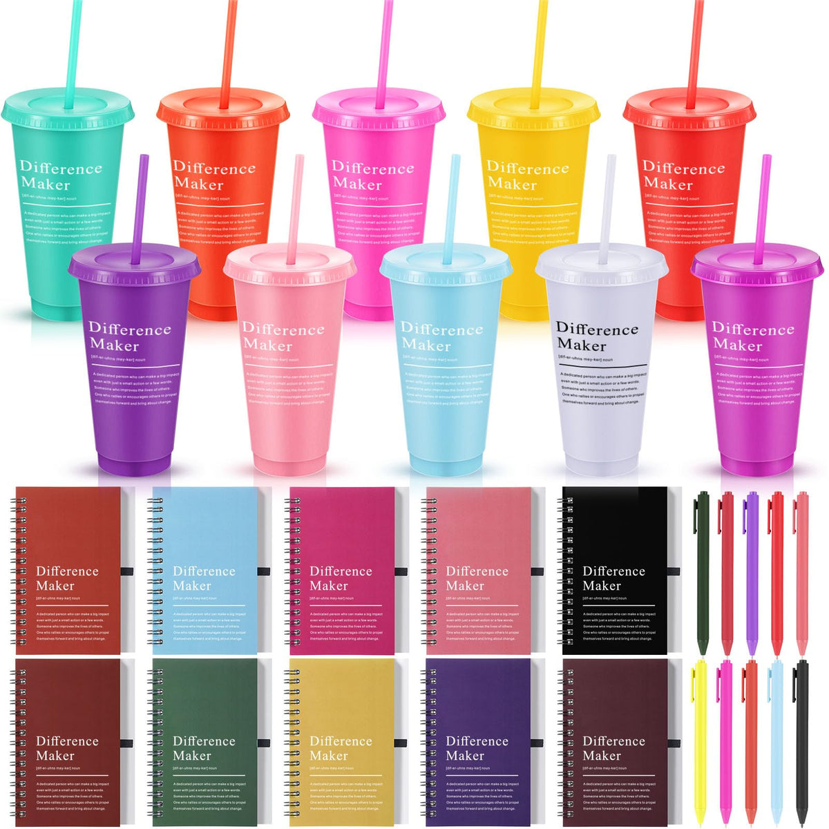 Marspark 10 Sets Difference Maker Gifts for Women Men, Employee Appreciation Gifts Bulk Inspirational Thank You Cup Motivational Notebooks with Pen for Team Teacher Coworker Office (Colorful)