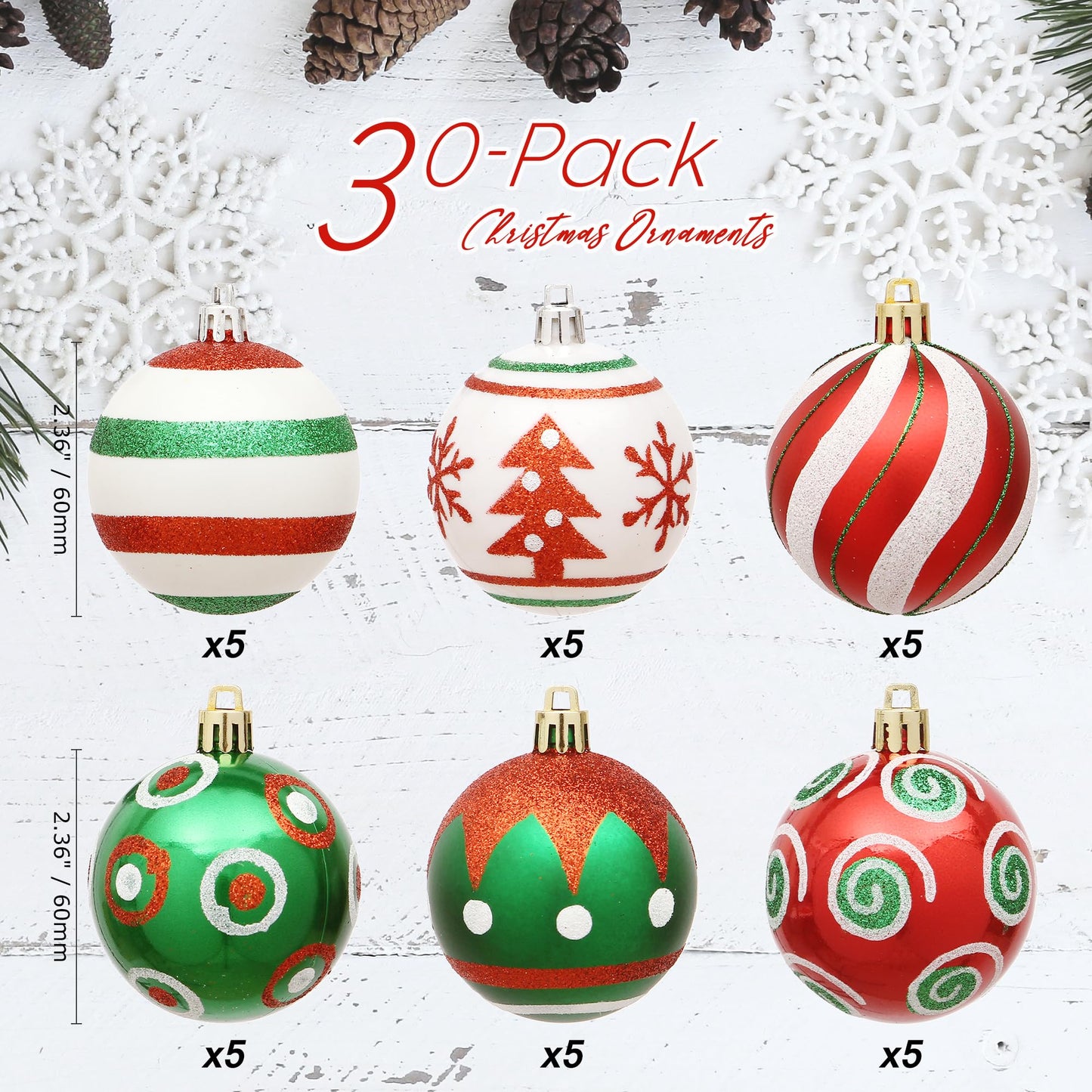 Sea Team 60mm/2.36" Set of Colorful Painted Sparkling Ornaments and Hanging Baubles for Christmas Tree - 30 Pieces