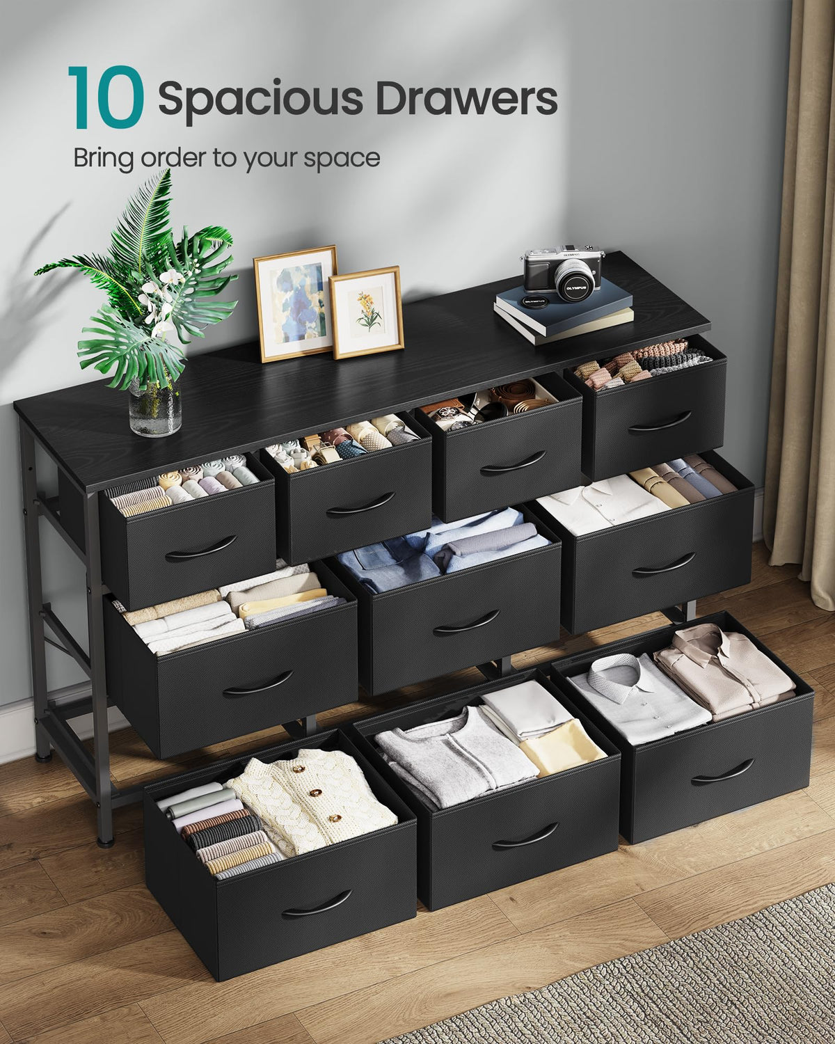 SONGMICS BELLAH Collection - Dresser for Bedroom, Chest of Drawers, TV Stand for TVs Up to 55 Inches, Living Room, Closet, 10 Drawers, Modern, Ink Black ULGS333BH02S