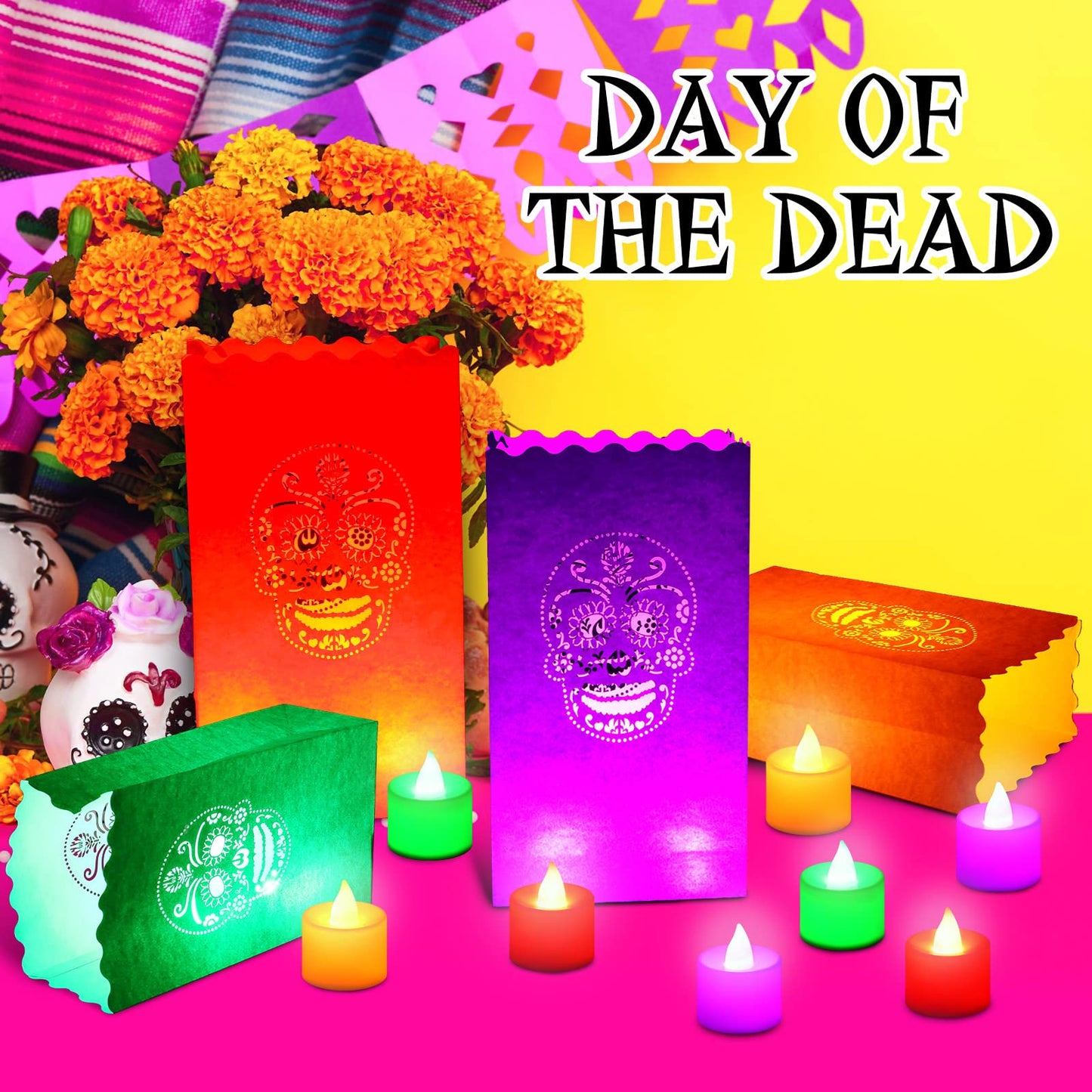 Meanplan 32 Set Day of The Dead Luminary Bags with 32 LED Tea Lights Flameless Candles, Dia De Los Muertos Luminary Mexican Christmas Paper Lantern Bags for Party Decor
