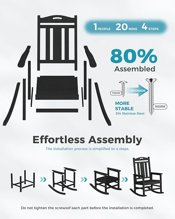 Ciokea Oversized Outdoor Rocking Chairs Set of 2, 380lbs Heavy-Duty Large Patio Rocker, High Back Cozy Porch Chairs, Weather Resistant Patio Rocking Chairs for Outside, Fire Pit, Deck, Black