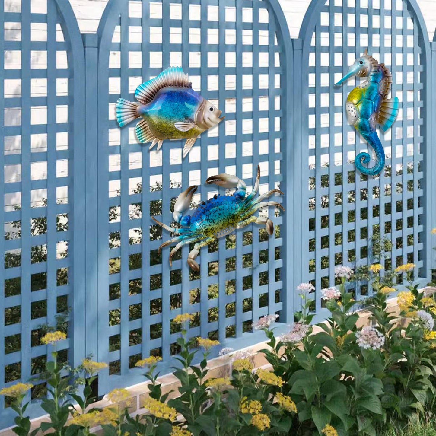 YNGFIL Metal Fish Seahorse Crab Beach Theme Wall Art, 10 Inch Set of 3 - Suitable for Outdoor Patio, Garden, Balcony, Pool and Indoor Bathrooms, Coastal Rooms