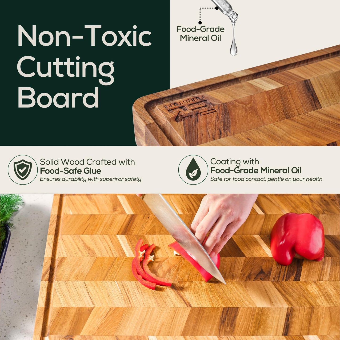 EZ FURNITURE Extra Large (XL) Teak Edge Grain Cutting Board, Reversible, Knife-Friendly Charcuterie Butcher Block, Juice Groove & Handles, Non-Toxic, Gift Box Included (Herringbone, 24" x 18" x 1.5")