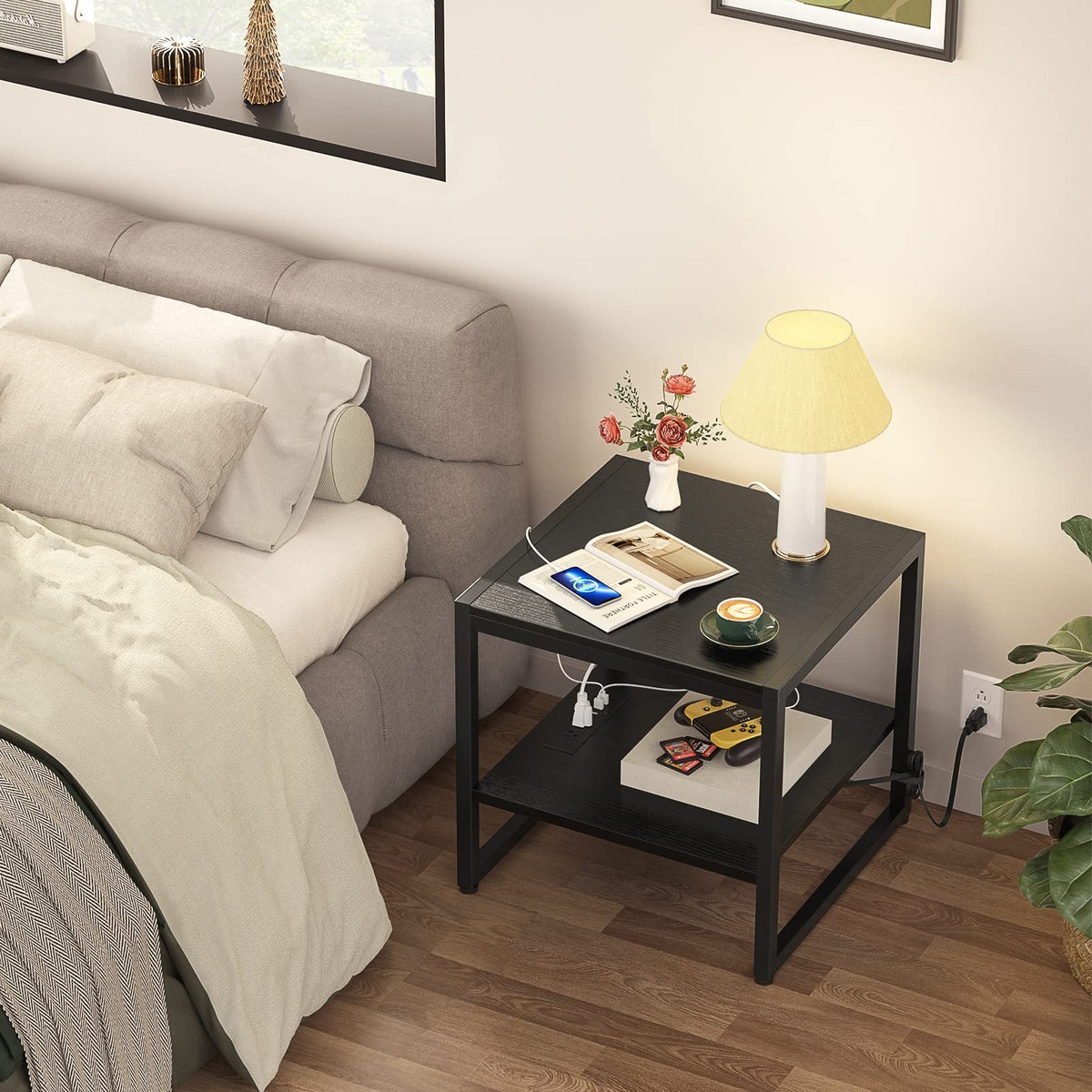Homieasy End Table with Charging Station, 20" Mini Fridge Stand with Power Outlets, Heavy Duty Side Table for Living Room, Small Table Stand & Fridge Table, Black