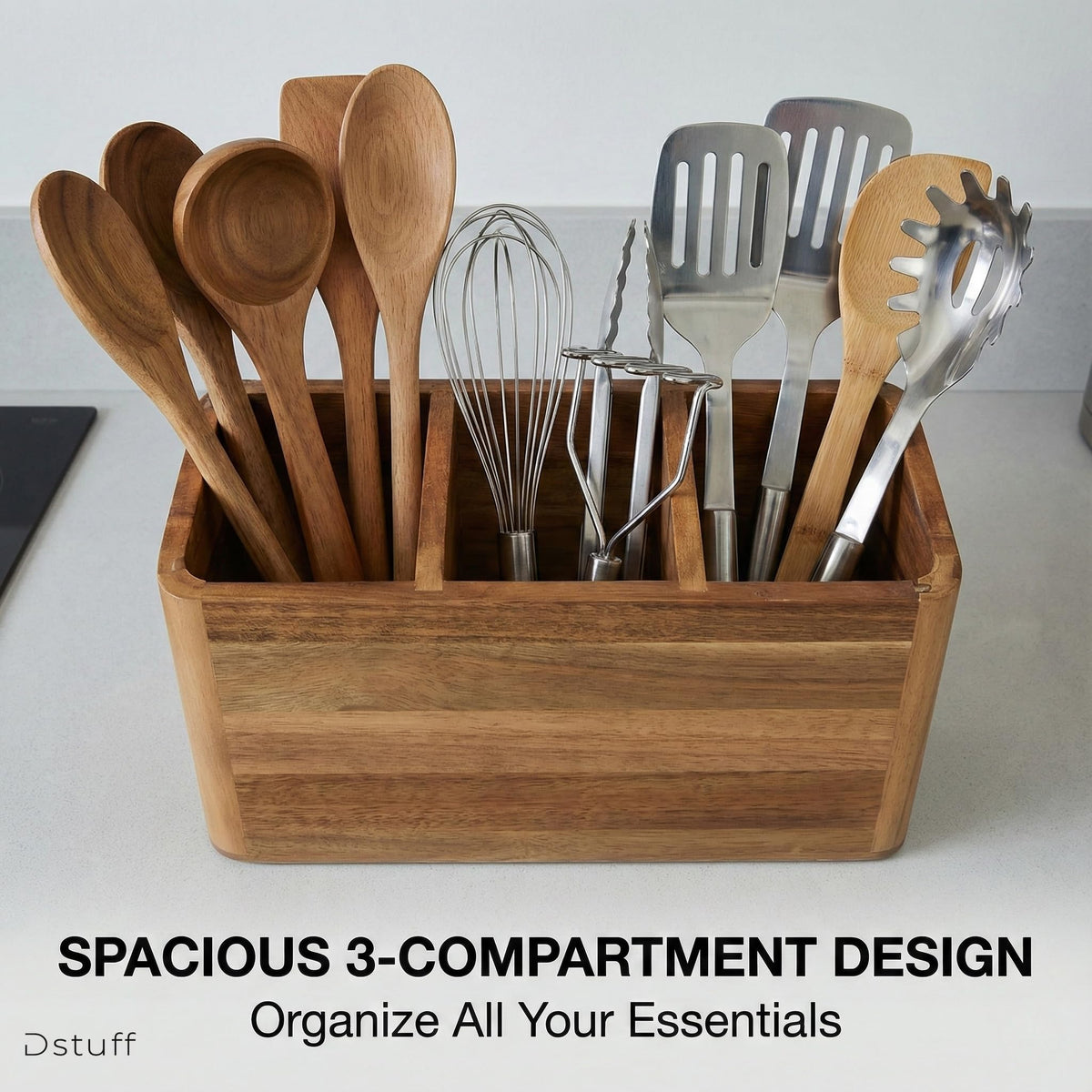 Dstuff Large Kitchen Utensil Holder Organizer for Counter or Countertop, Large Wooden Utensil Holder for Storage Cooking and Silverware with 3 Compartment, Acacia Rustic Wood Container Extra Large