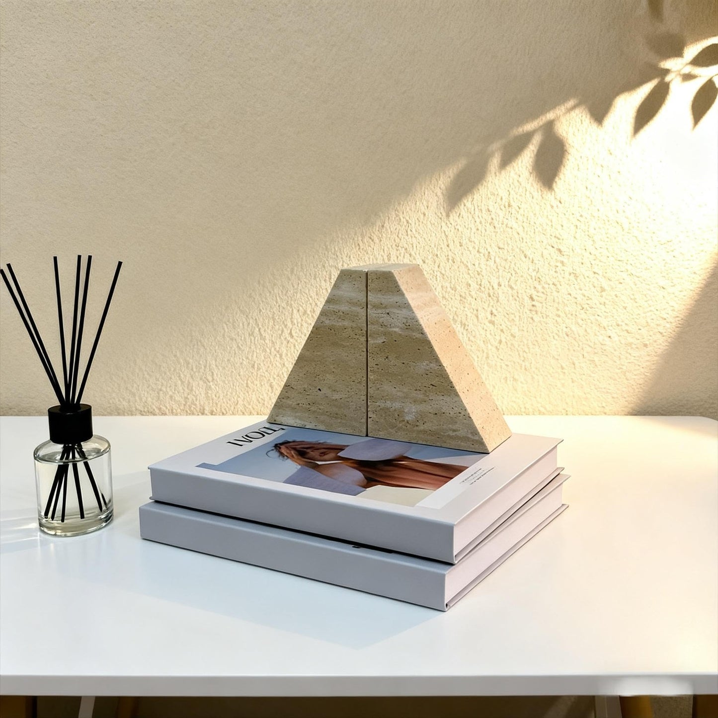 1 Piece Modern Travertine Bookend, Trapezoidal Design, Natural Stone Book Holders for Desk and Shelf (Trapezoidal - 1 piece)