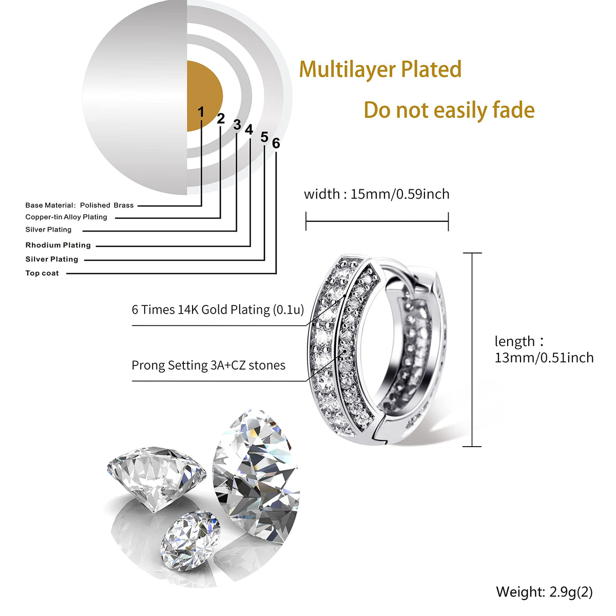 TOPGRILLZ Iced Out Hoop Earrings Cubic Zirconia Huggie Cartilage Cuff Hypoallergenic 14K Gold Plated Luxury Fashion Round Circle Earrings For Men Women-18Silver