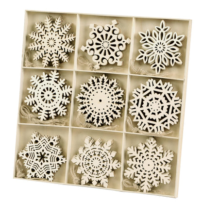 Sggvecsy Unfinished Wooden Snowflakes Ornaments, 36Pcs Christmas Tree Hanging Decoration Wood Cutouts DIY Craft Snowflake Shaped Embellishments Xmas Rustic Crafts with Twine (4 inch)