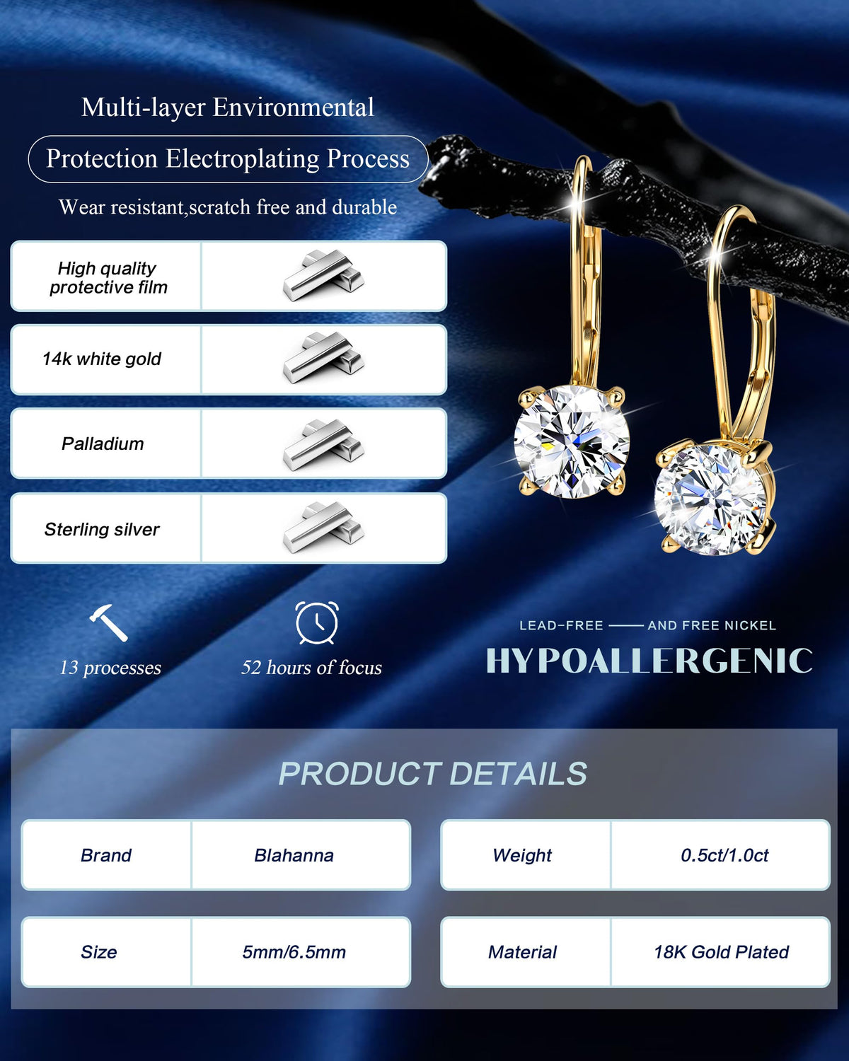 Blahanna Moissanite Earrings,1.0ct-2.0ct D Color Brilliant Round Cut Earrings S925 Sterling Silver Dangle Earrings Moissanite Leverback Drop Earring gold 6.5mm