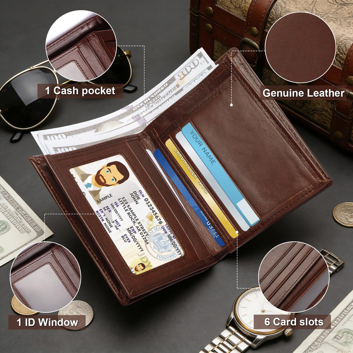 WULOUJIE Men's Leather Bifold Wallet | RFID Blocking 6 Card slot with 1 ID Window Genuine Leather Bi Fold Wallet for Men(Brown) (brown)