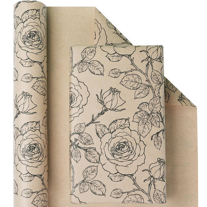 Kraft Floral Wrapping Paper Roll, Vintage Rose Wrapping Paper, Rose Print Design, Brown and Black Kraft Gift Wrap Paper for Birthday Mother's Day Bridal Shower Baby Shower Wedding, 17Inch×33Feet