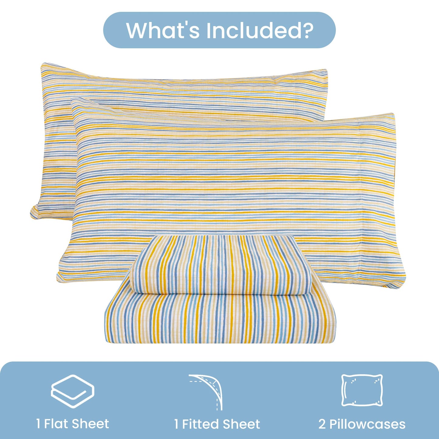 Mooreeke Striped Queen Bed Sheets, Deep Pocket 4 Piece Queen Sheet Set, Soft Microfiber Blue Yellow Pinstripe Bedding Sheets & Pillowcases