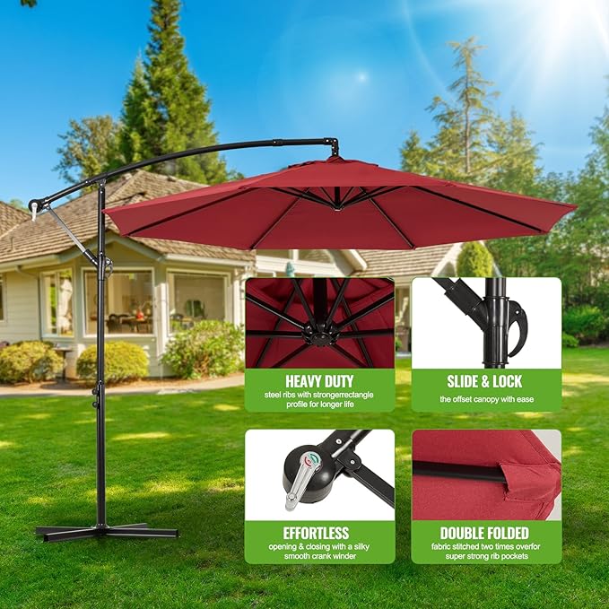 Backyard Expressions 10FT Cantilever Patio Umbrella – Outdoor Offset Hanging Umbrella with Smooth Crank, Tilt Adjustment & UV Protection – Heavy-Duty Steel Frame (Base Not Included)