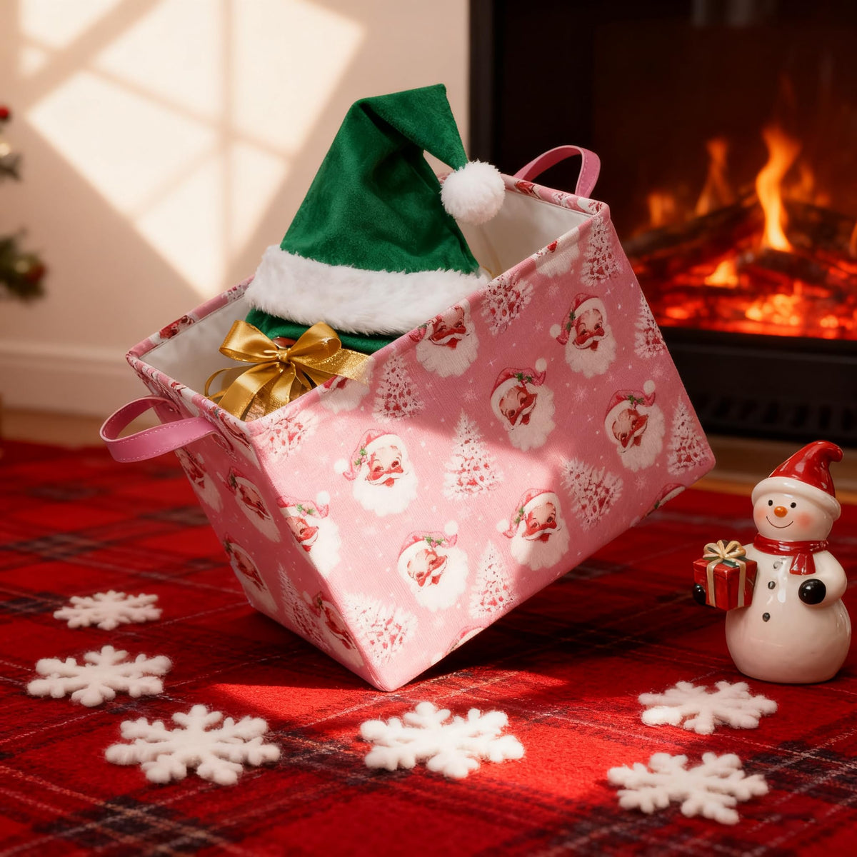 FYSUIMU 2Pcs Pink Christmas Storage Basket Collapsible Canvas Organizer Cute Xmas Tree Santa Fabric Storage Bin with Handles for Shelf Closet Holiday Home Organizer Decor