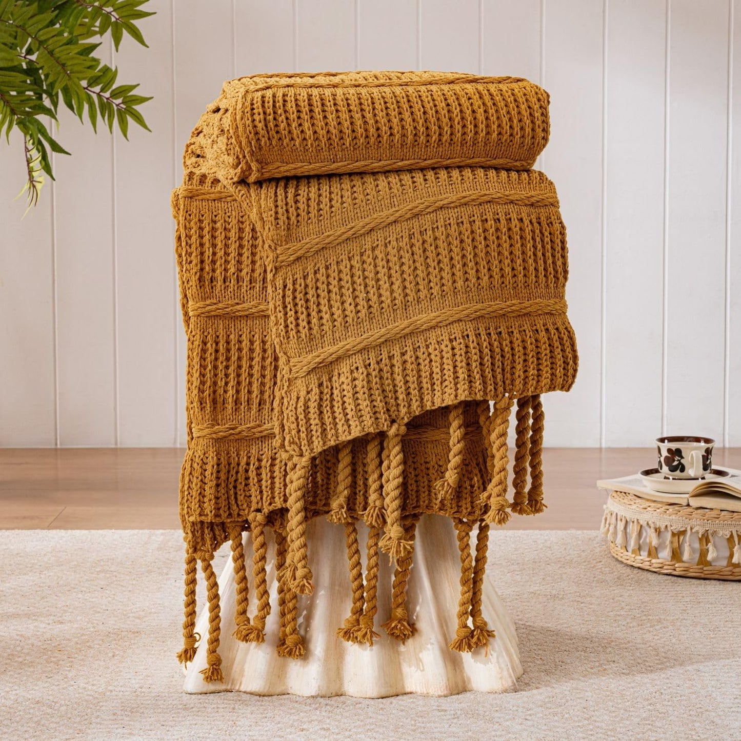 Boho Knitted Chenille Blanket with Tassels - Lightweight & Soft All-Season Throw - 3D Classic Pattern for Living Room Bedroom Couch, Amber Brown, Queen 90"x90"