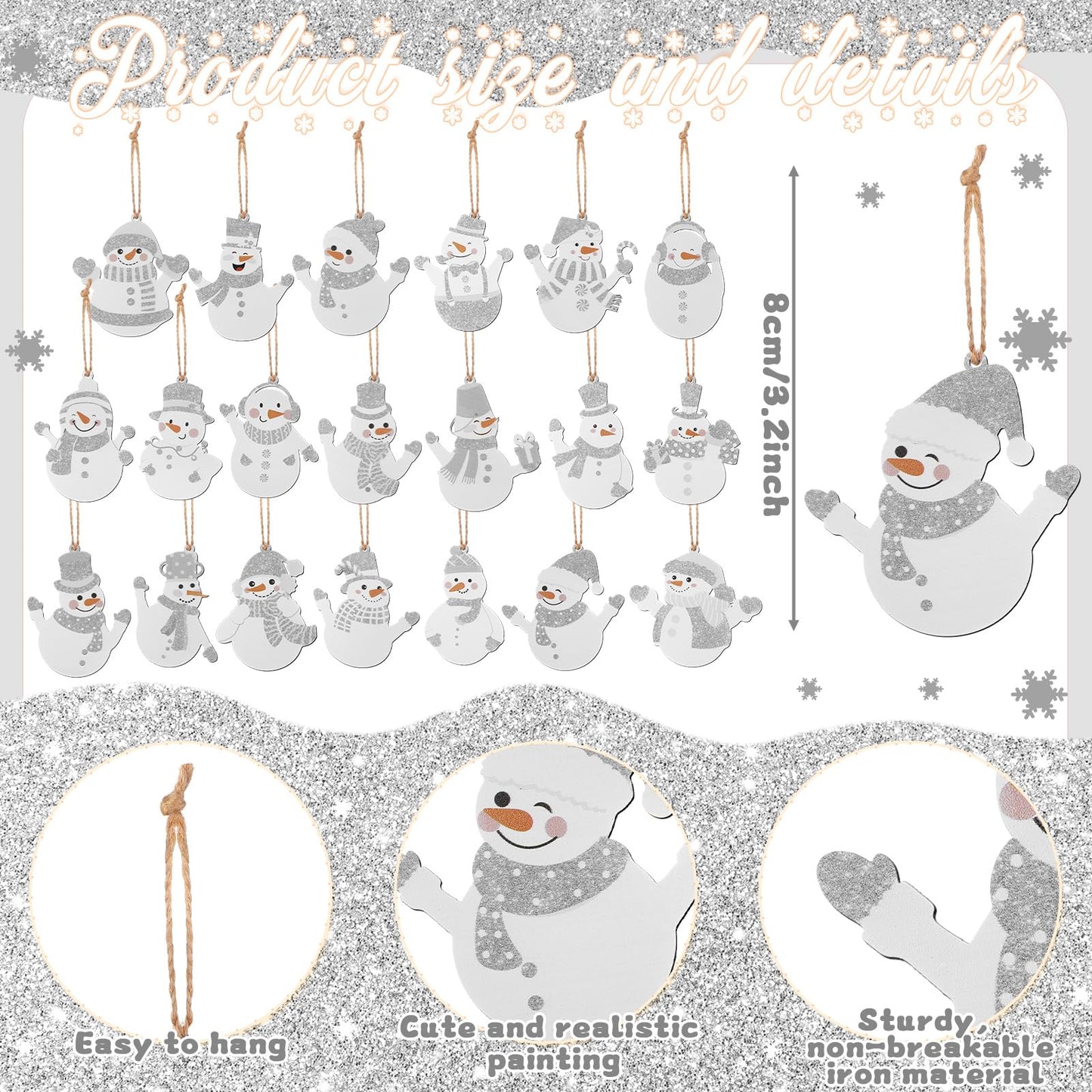 MorningRo 20 Pcs Winter Snowman Hanging Ornaments Metal Tree Ornaments Winter Snowman Hanging Decoration Rustic Farmhouse Tree Decorations for Holiday Celebrations