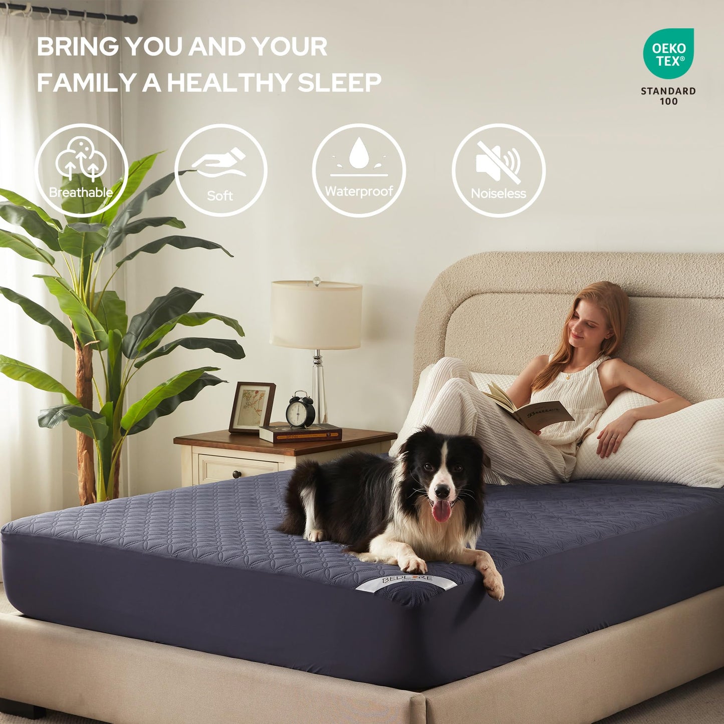 BEDLORE Waterproof Mattress Protector, Full Size Noiseless Mattress Pad with Deep Pocket 6"-15" Depth, Soft Breathable Bed Mattress Cover Washable for Home, Bedroom, Hotel (Navy Blue)