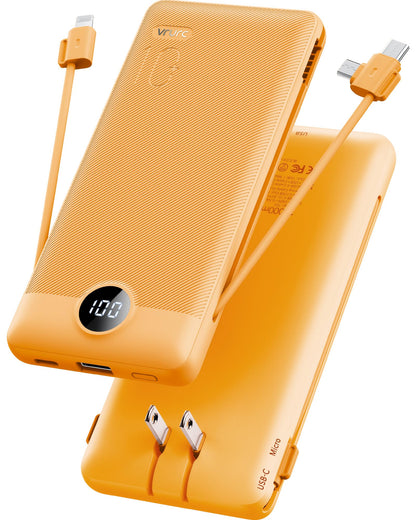VRURC Portable Charger Built-in Cables and AC Wall Plug, USB C Power Bank 10000mAh, Travel Battery Phone Charger Compact Lightweight External Battery Pack for Smart Phones, Tablets etc-Orange