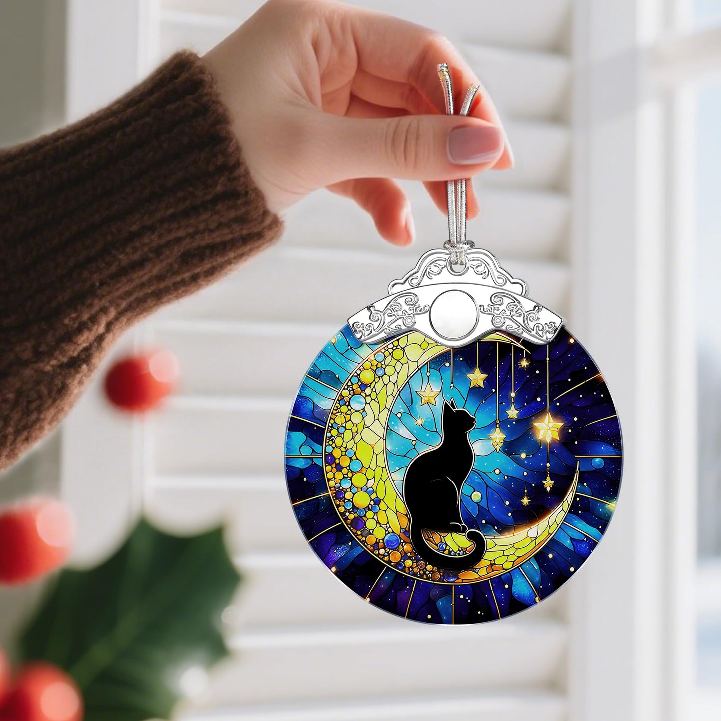 Stained Glass Black Cat Ornament, Christmas Ornaments, Christmas Decorations for Tree, Holiday Ornament, Gifts for Cat Lovers, Holiday Party Gifts, Gift Ideas & Xmas Gift