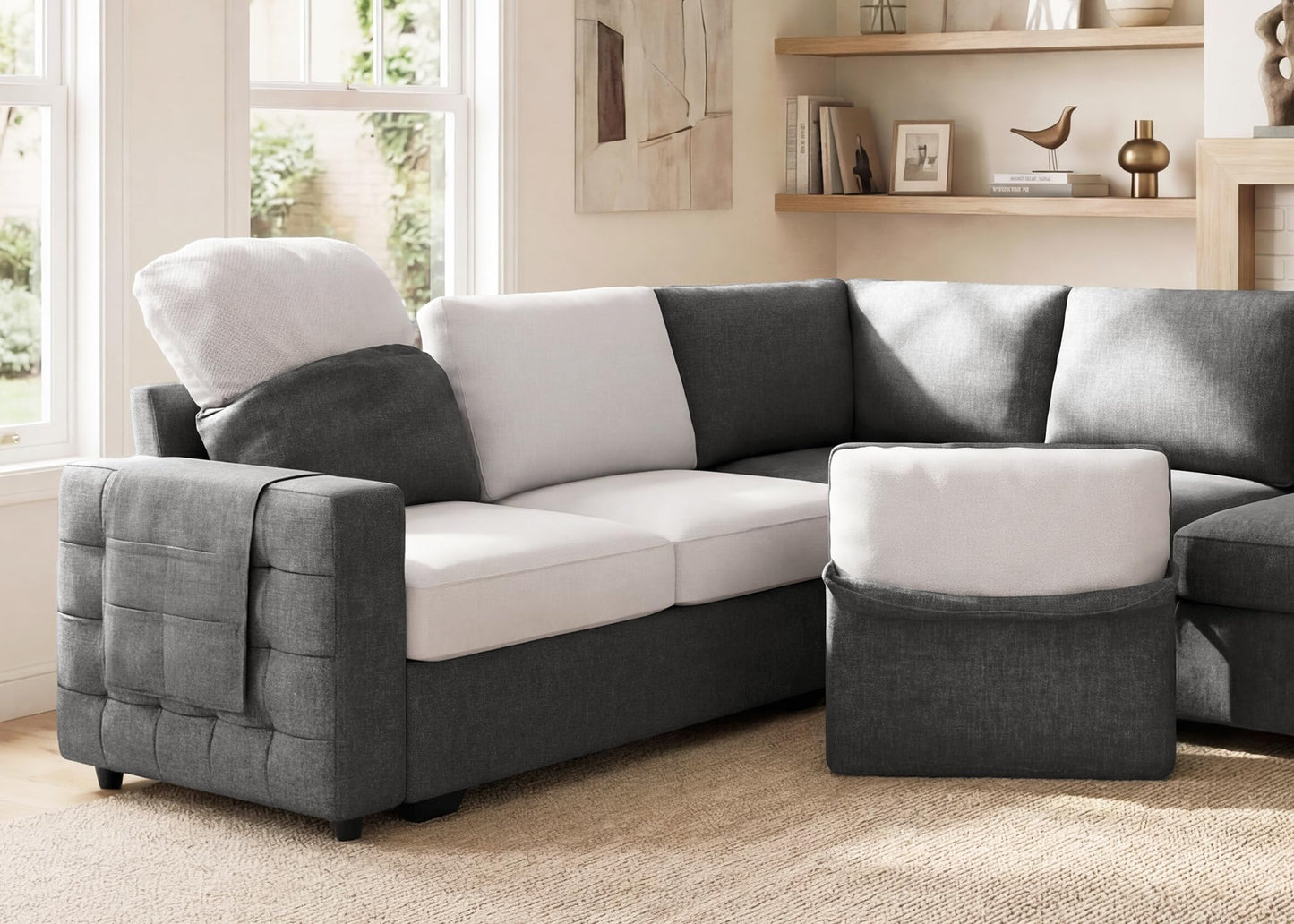 HONBAY Sectional Sleeper Sofa with Pull Out Bed U-Shape Sectional Couch Sleeper Bed with Storage Chaise 6 Seater Sleeper Sectional Sofa, Light Grey