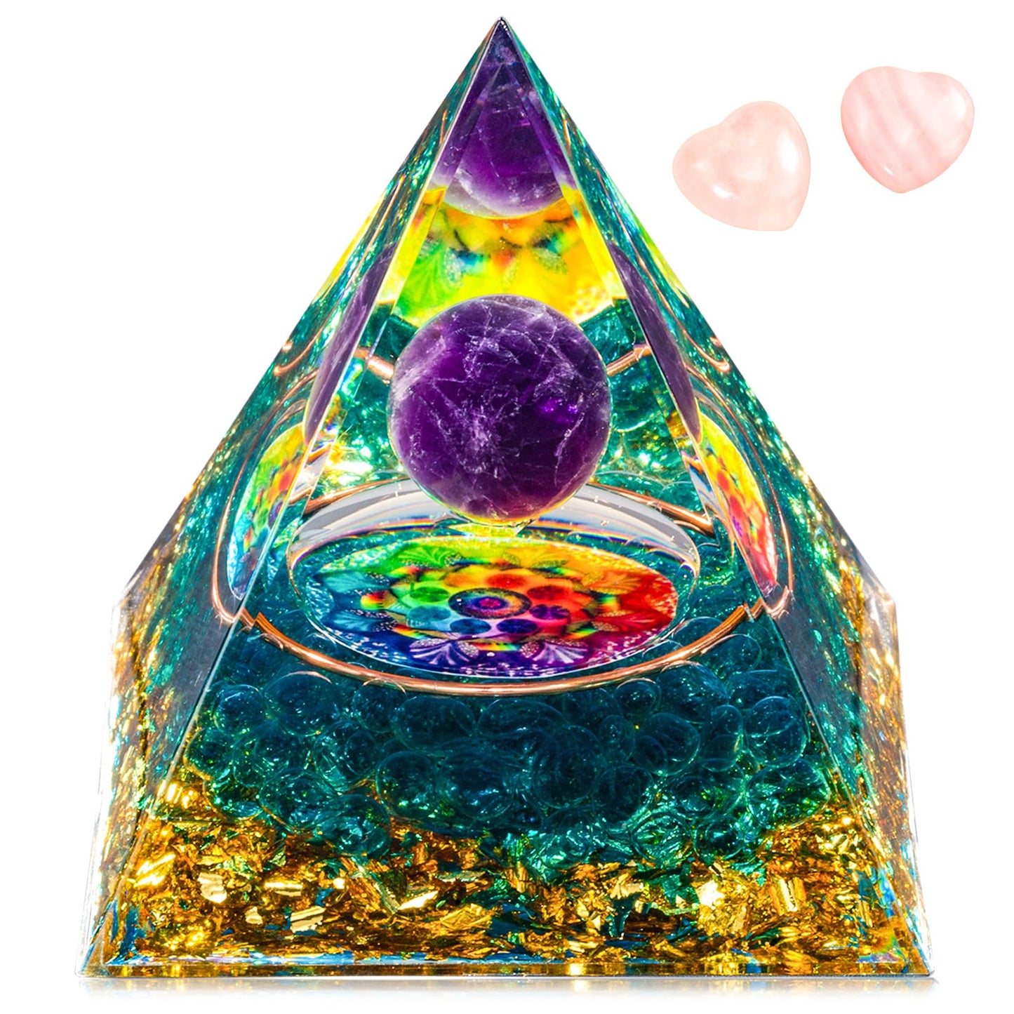 Orgone Crystal Pyramid for Positive Energy, Amethyst Sphere Seven Chakra Rainbow Crystal Pyramid, Blue Green Crystal Chips Energy Generator, Meditation Energy Healing Decor & 2 pcs Rose Quartz Heart
