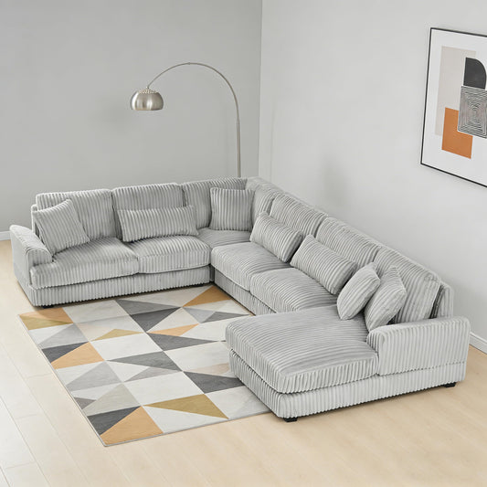 ERYE 129-Inch U-Shaped Sectional Sofa Couch W/Right Facing Chaise Lounge,Oversized Corduroy Upholstered Corner Modular Sofa Couch with 7 Toss Pillows for Living Room Sets