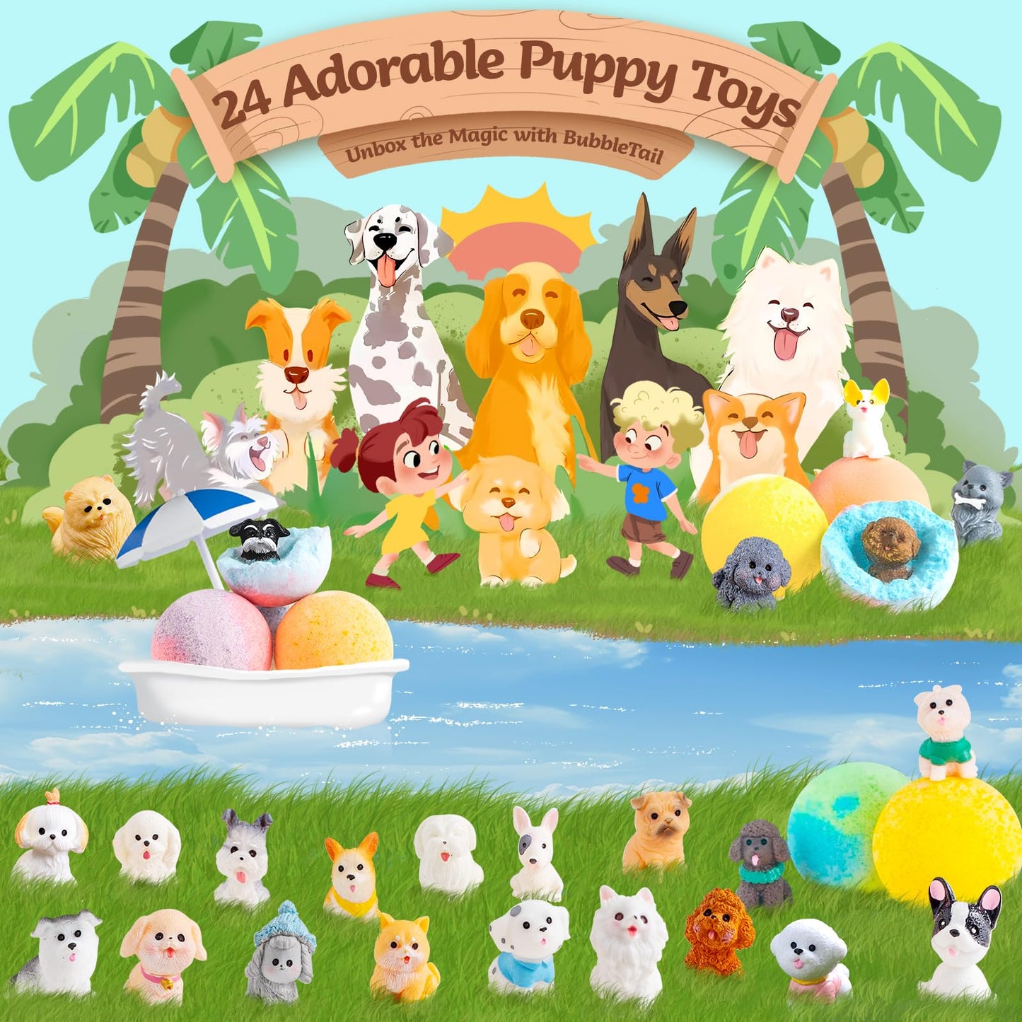 BubbleTail 24 Pack Puppy Bath Bombs for Kids - Each with Surprise Dog Figurine Inside, 12 Scents, Bath Bombs with Toys, Skin-Friendly, Birthday Party Favors & Stocking Stuffers for Boys & Girls