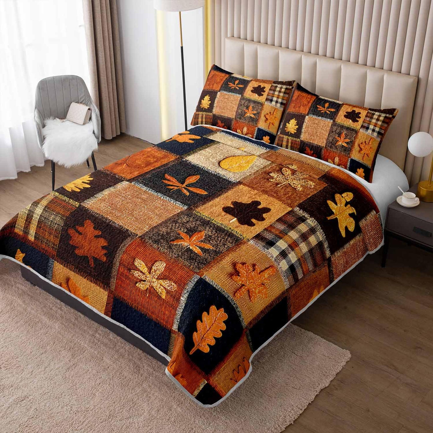 XYNHML Fall Maple Leaf Printed Quilts Bedding Full 3Pcs Brown Rustic Leaves Quilt Bed Set Grid Patchwork Lightweight Soft Bedspread Coverlet with 2 Pillowcases for Kid Boy Girl Teen Adult Bed Decor