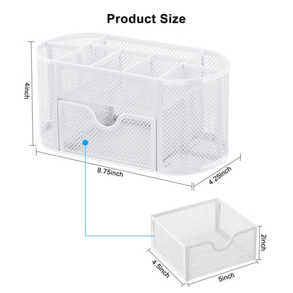 EasyPAG Mesh Pen Holder Desk Organizer with Drawer Stationery Supplies Organizer for Dorm School 9 Compartments Workspace Desk Accessories Organization for Office, White