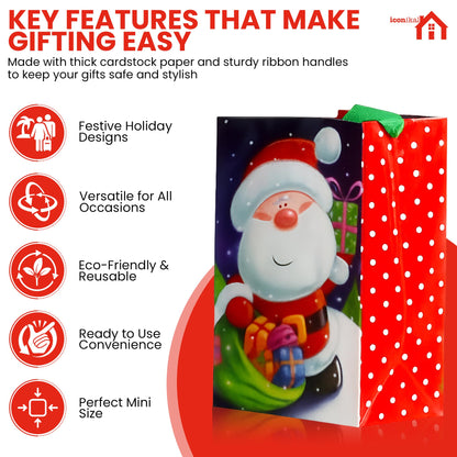 Iconikal 20-Pack Christmas Gift Bags, Small 4x6x2.5-Inch, Snowman Santa Reindeer, Ribbon Handles