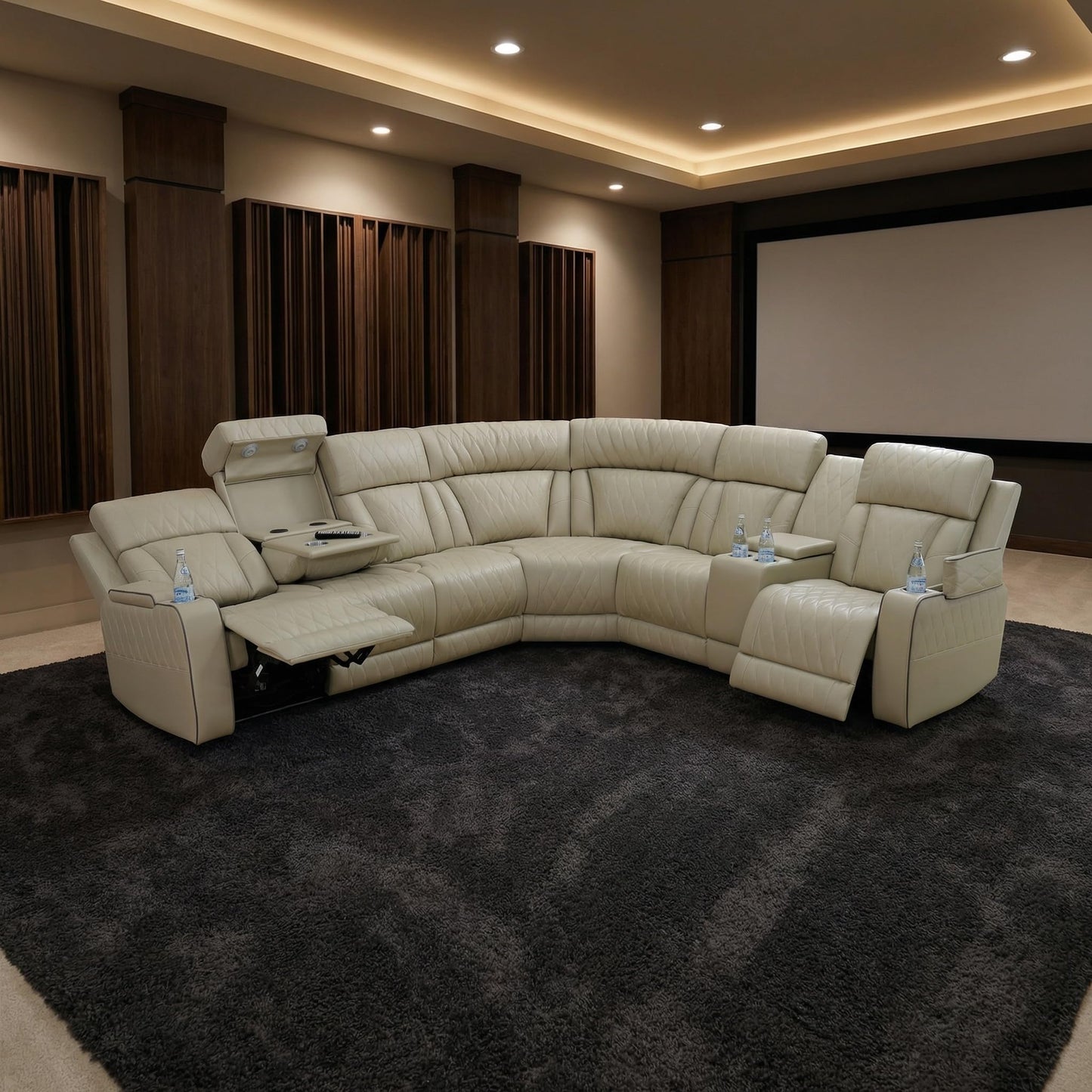 Trygoal Power Reclining Sectional Sofa Set, L-Shaped Leather Sectional Couches for Living Room, Home Theater Seating with Cup Holder, Modern Power Recliner Sofa Sets with LED Lights, Off-White