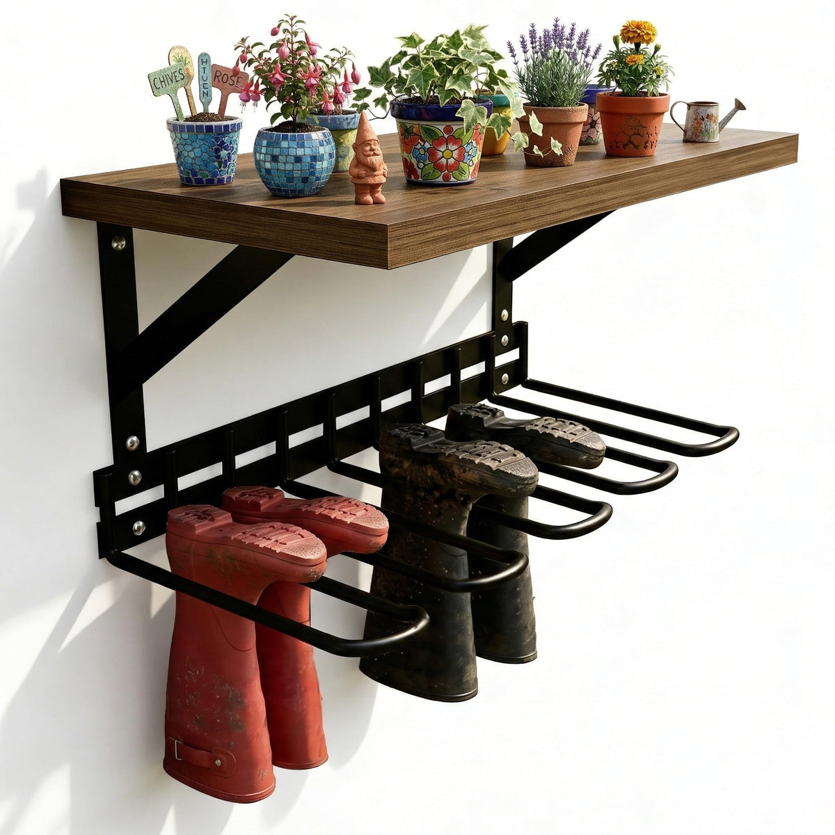 Decoroca Wall Mount Boot Rack, Garden Tool Organizer With 5 Curved Hooks & Wood Shelf, Heavy Duty Wader Boot Hangers Organizer Rack Trays for Outdoor/Indoor, Garden, Garage (4 Pack)