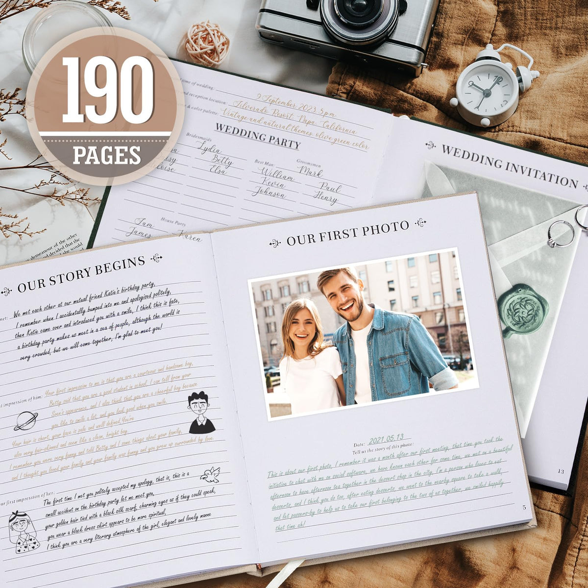 Lanpn Wedding Anniversary Journal Book, Linen Dating 1st to 70th Couple Memory Book Wedding Scrapbook, 190 Pages Love Stories Notebook Newlywed Marriage Anniversary Bridal Shower Gift, Beige