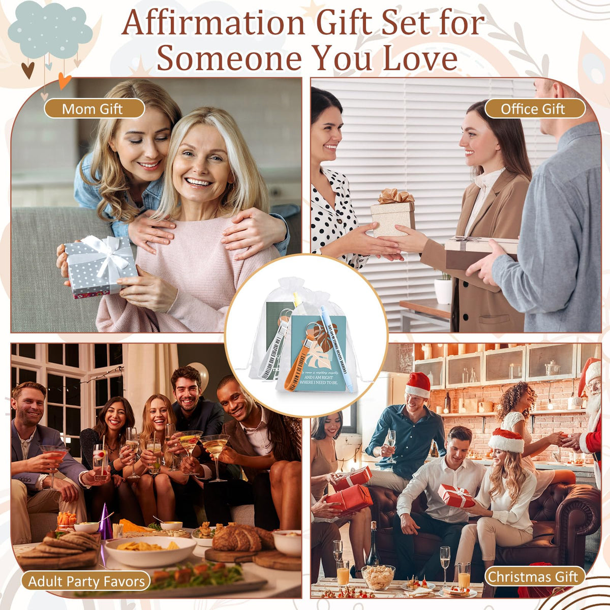 Mooliwe Positive Affirmation Gift Set Gratitude Notebooks with Pens Keychains Small Bags Motivational Party Favors for Adult Women Coworkers Employee Group(24 Set,Plant)