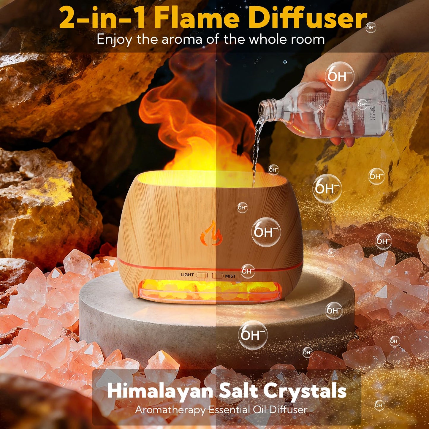 4 Pack Flame Diffuser Essential Oil Diffuser with Cool Mist Himalayan Salt Lamp 7 Colors LED Light 200ml Ultrasonic Aroma Diffusers for Bedroom Office Spa Yoga Room Gift,Wooden Grain