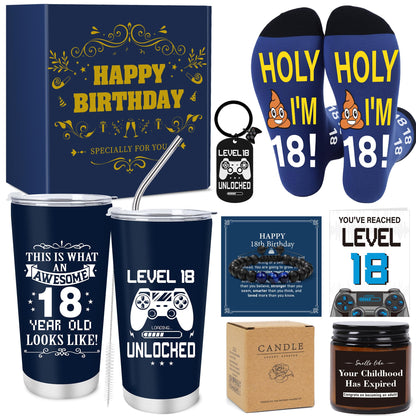 Keluna 18th Birthday Gifts for Boys - 18 Year Old Boy Birthday Gifts Idea with 20 Oz Tumbler, Bracelet, Socks, Keychain, Greeting Card for Son, Nephew, Grandson, Brother, Boyfriend Christmas Holiday