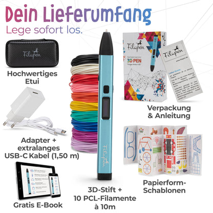 Premium 3D Printing Pen With 10 Filaments and Case, 3D Pens For Children and Adults, Incl. Templates, 3D Pen Set for Beginners and Professionals, DIY Craft Set, with Templates