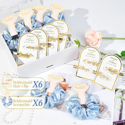 12 PCS Silk Satin Soft Blue Hair Accessories - Bridesmaid Proposal Favors with Hair Clips, Scrunchies, and Bridal Shower Gifts for Women and Girls
