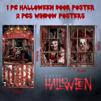 Fanfanwin 3 Pcs Halloween Evil Circus Window Door Covers Decorations Set Scary Clown Ghost Skull Curtain Decor Bloody Creepy Carnival Poster Backdrop Banner Halloween Window Silhouette for Party Decor