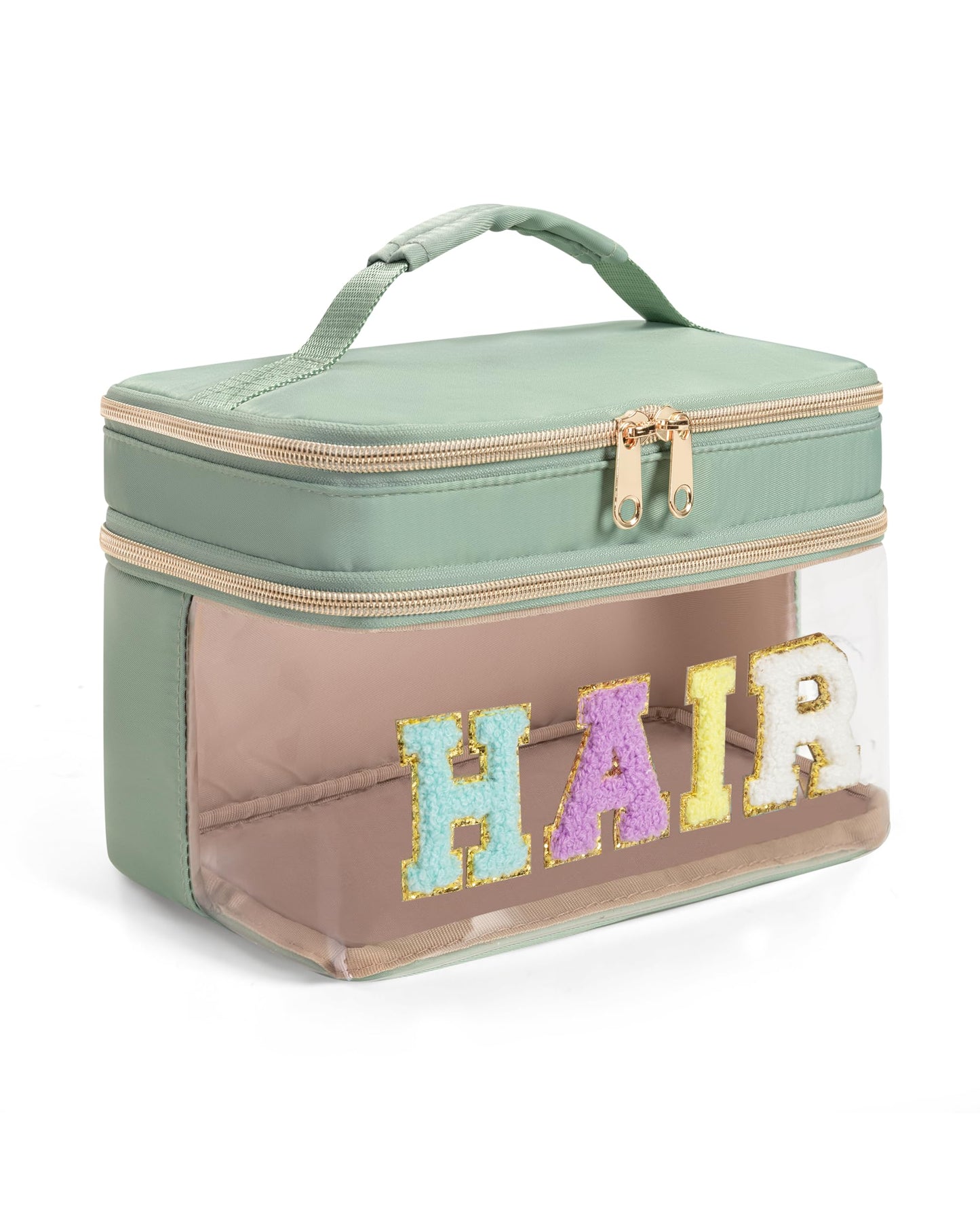 Fasrom Double Layer Hair Accessories Organizer, Preppy Patch Makeup Bag with HAIR Chenille Letter, Portable Travel Cosmetic Pouch Clear Toiletry Case for Women Girl, Green(Bag Only, Patent Design)