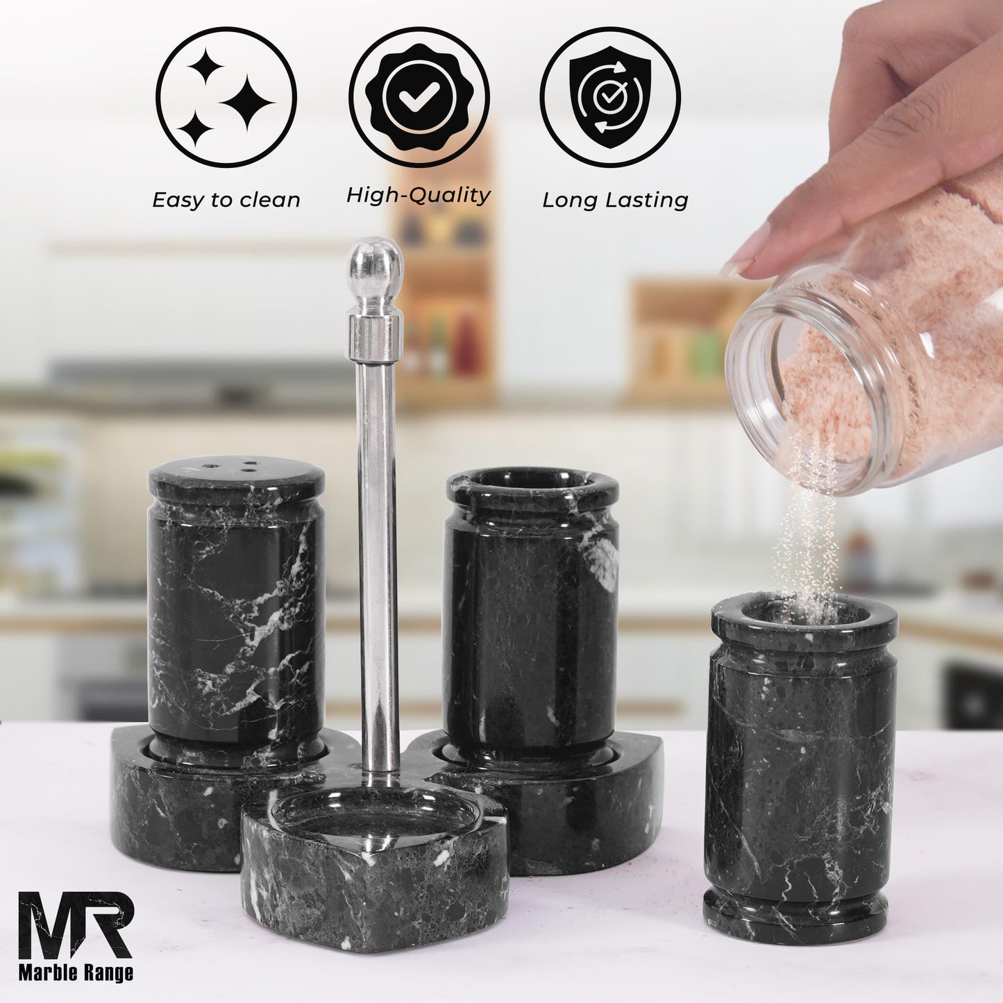 Marble Salt and Pepper Shakers Set of 3 – Handmade Black Stone Spice Shakers 0.8 oz with Tray, Elegant Tabletop Seasoning Set for Kitchen Countertop & Dining Table, Saleros Decorativos