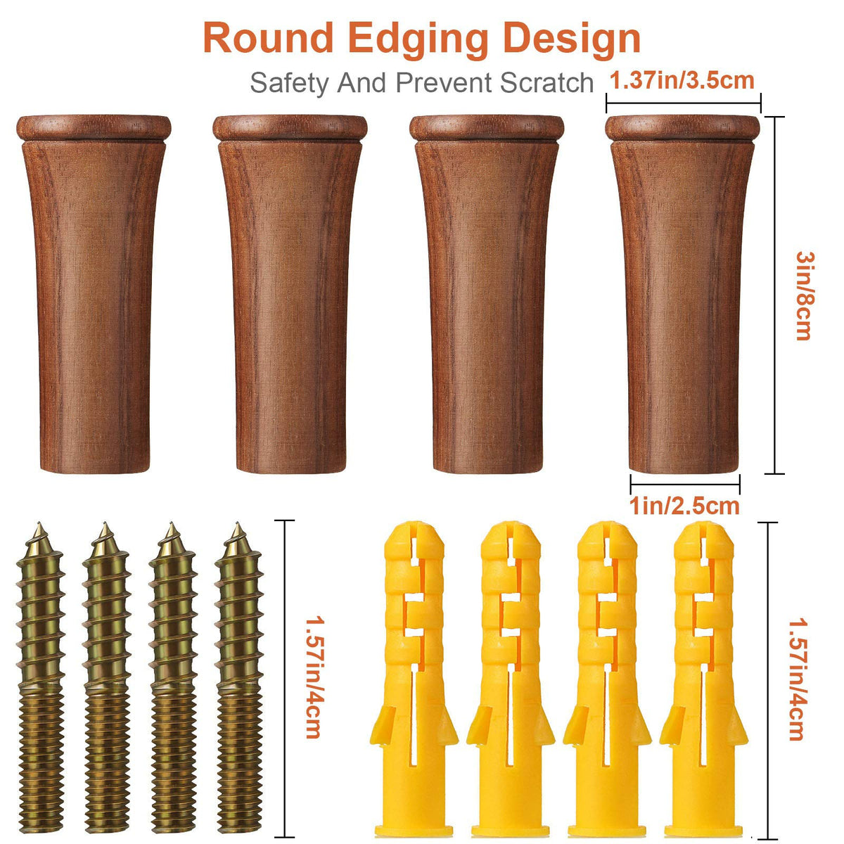 Jetec 4 Pack Wood Wall Hooks 3" Large Wooden Coat Hook Solid Walnut Hat Pegs Wall Mounted Heavy Duty Brown Towel Hangers Rustic Entryway Organizer Large Racks for Hanging Clothes Bag Potted Plants