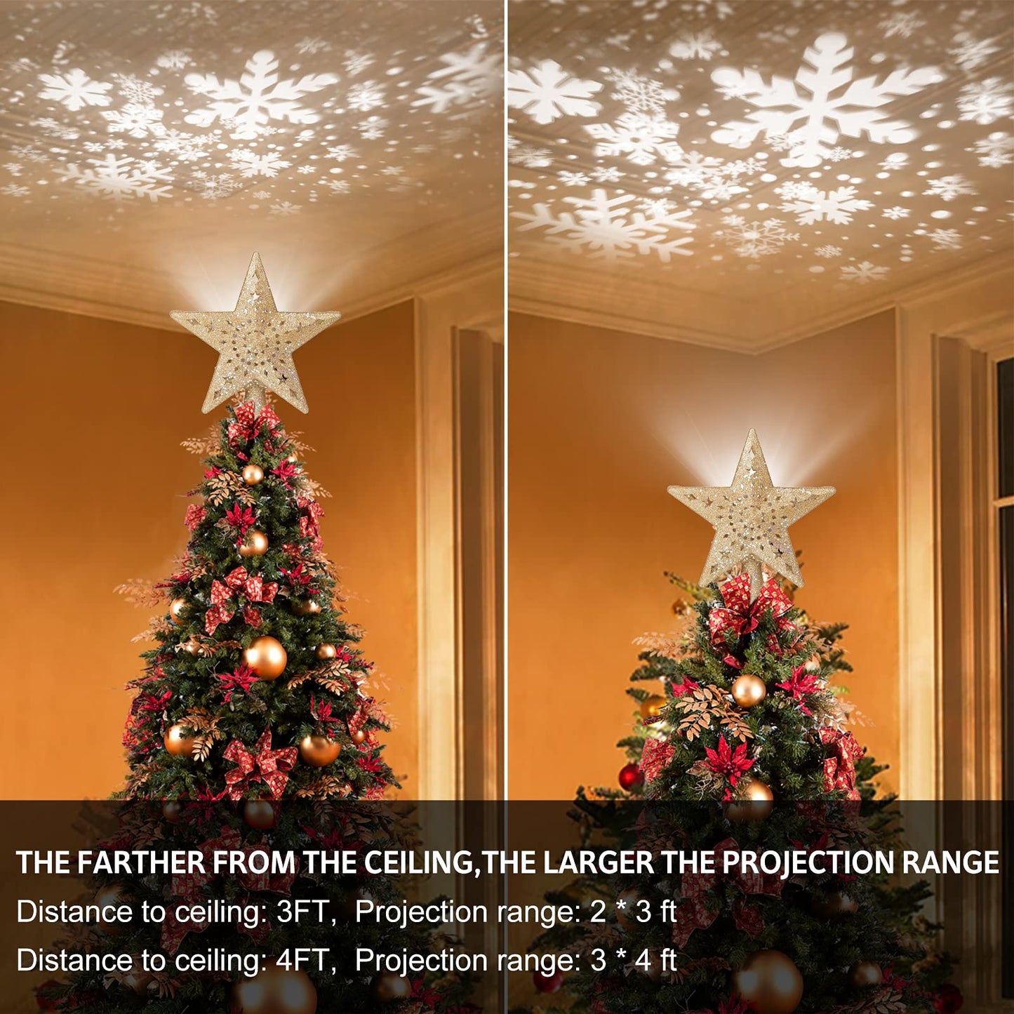BLOOMWIN Christmas Tree Topper Lighted with Snowflake Projector, LED Rotating Hollow Snowflake, 3D Glitter Lighted Gold Star Tree Topper for Xmas Tree Festival Decorations Lights