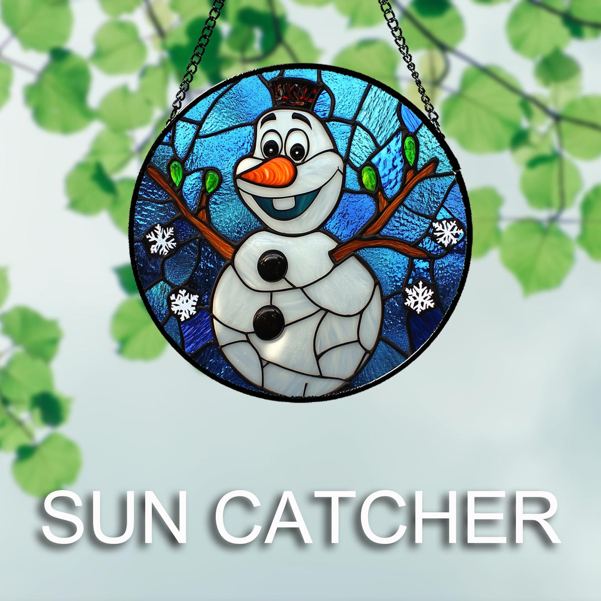 JOSUMALY Stained Glass Window Hanging Christmas Funny Snowman 11.8" - Suncatcher Door Garden Blue White Snowflakes Sun Catcher New Year Birthday for Friend Mom Men Woman Nana
