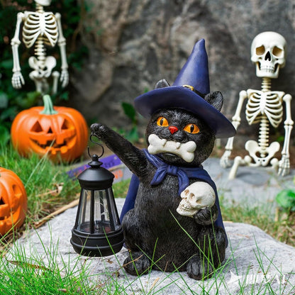 WONDHOME Halloween Black Cat Decor Spooky Solar Cat Garden Statues Holding Skull with LED Lantern Halloween Outdoor Decorations for Porch Patio Yard Lawn Holiday Gardening Gifts for Women