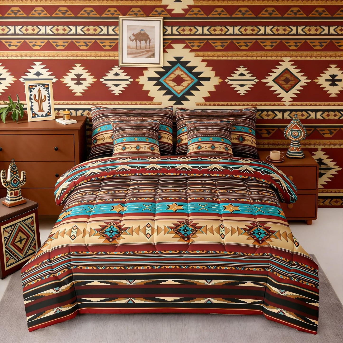 Bohemian Aztec Queen Comforter Set with Sheets Western 7 Piece Bedding Set Retro Southwestern Bed in a Bag, Arrow Western Star Geometric Sriped Bed Sets African Nordic Style Boho Decor,Warm Taupe
