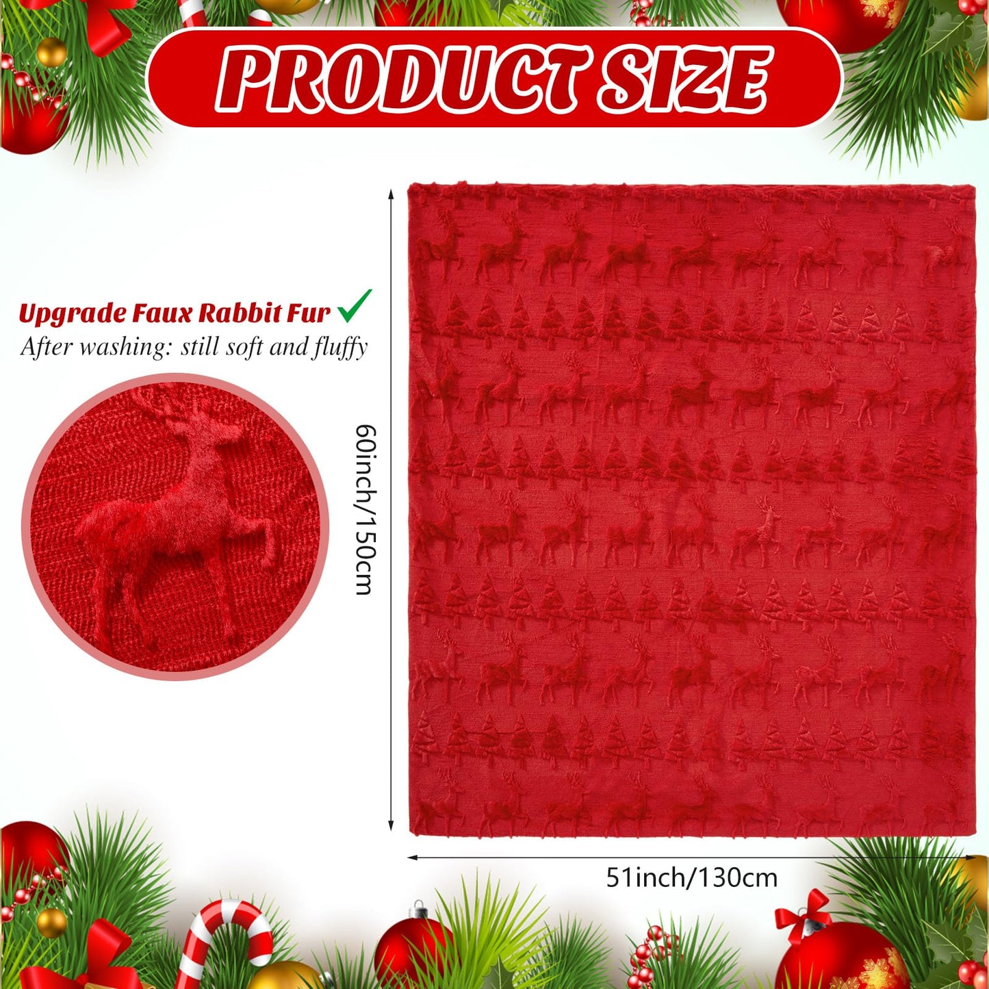 Tegeme Christmas Throw Blanket 3D Red Christmas Reindeer Throw Blanket 50" x 60" Winter Xmas Holidays Dutch Velvet Faux Rabbit Fur Decorations Cozy Soft Lightweight Gift for Home Living Room Bed Sofa