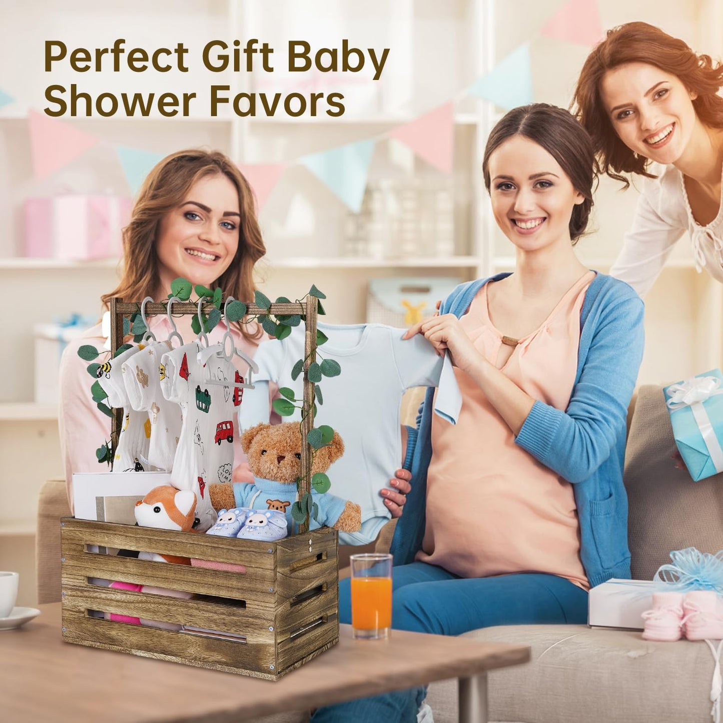 Snpwne Wooden Baby Shower Crate Closet, Baby Basket with Handle, Personalized Baby Gifts Basket, Storage Basket, Newborn Boy Girl Welcome Gift for New Mom Parents