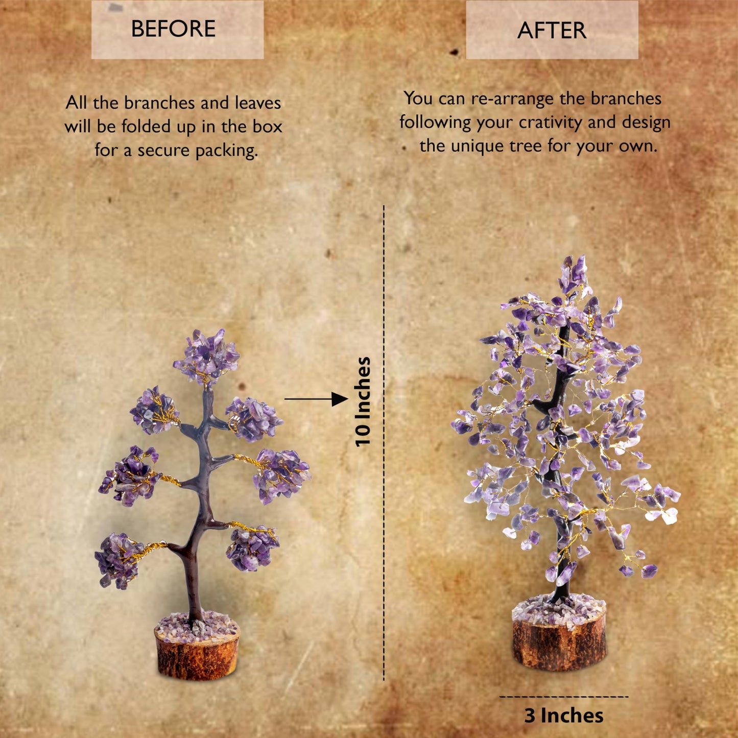 Wonder Care Amethyst Crystal Tree for Positive Energy Home Decor and Healing With M-Seal & Golden Wire | Fortune Tree | Crystal Decor | Chakra | Feng Shui (300 Beads)