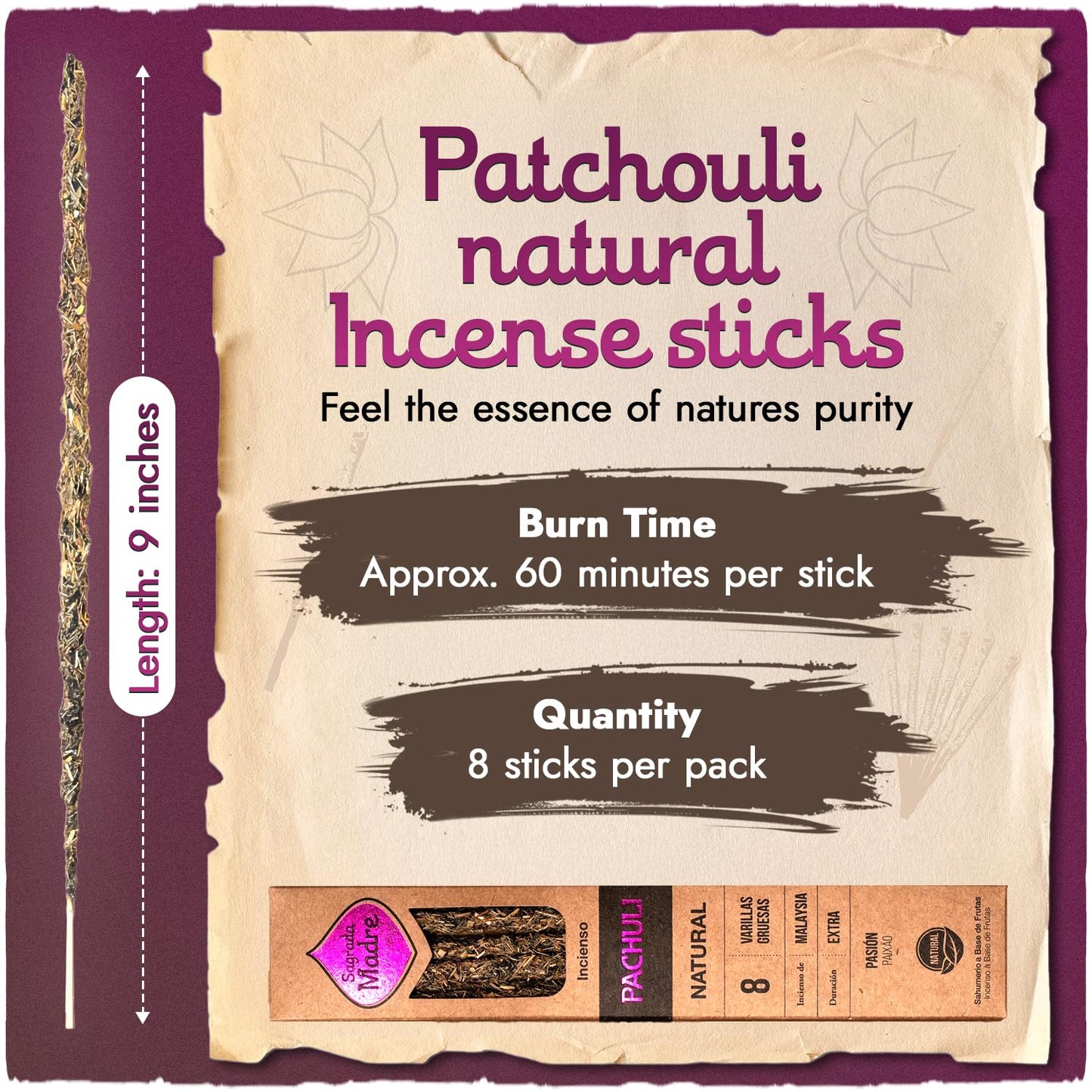 Sargada Madre - 8 Natural Patchouli Incense Sticks, 9 Inches Each - Aromatherapy Sticks for Protection, Love & Prosperity - Purify Your Space & Attract Positive Energy - Extended 1 Hour Burn Time